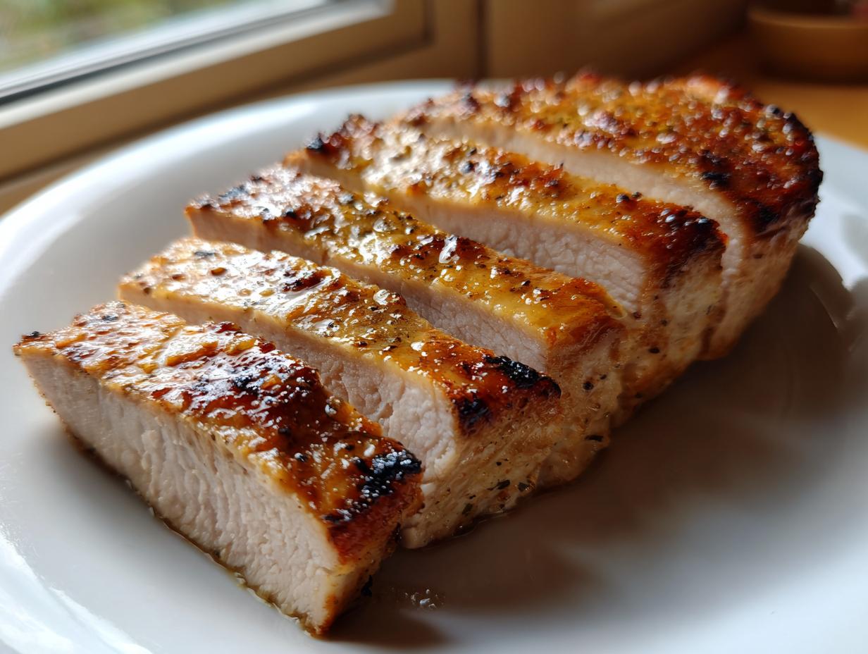 Four thick slices of juicy, perfectly cooked greek chicken breast with a golden-brown, caramelized exterior.