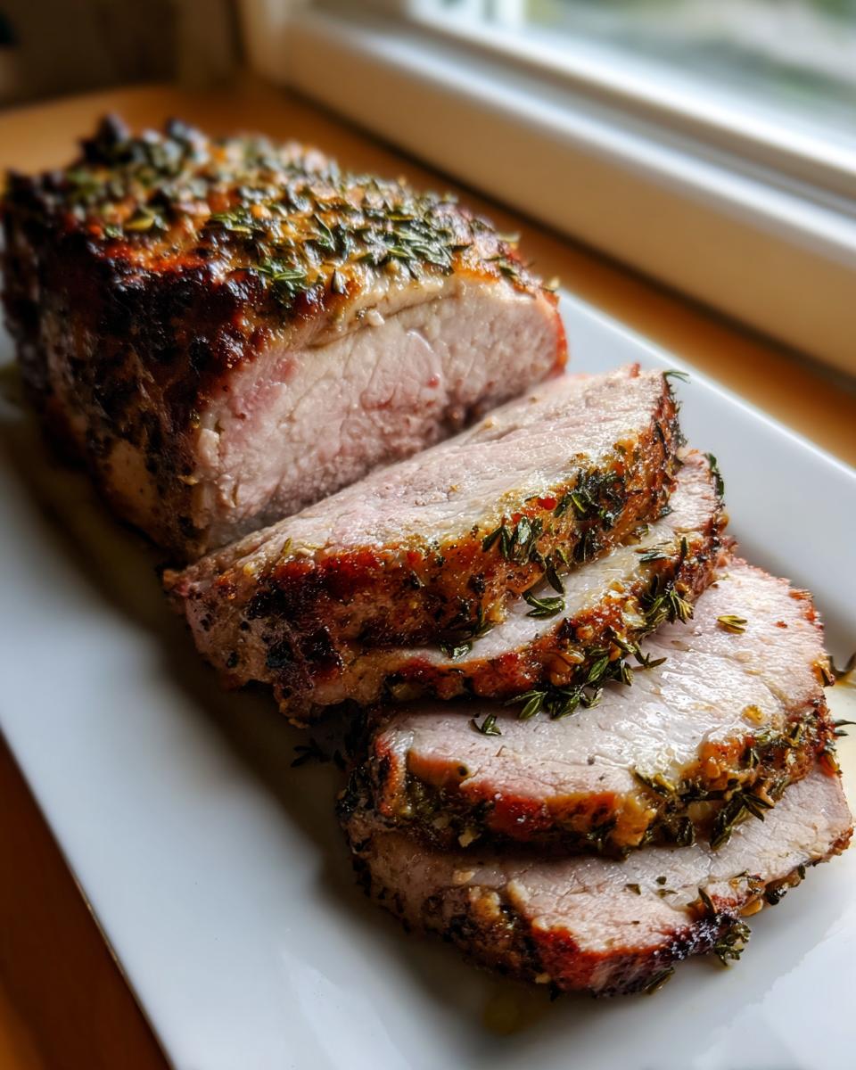 Close-up of a perfectly cooked pork loin roast, partially sliced, showing juicy interior and herb crust.