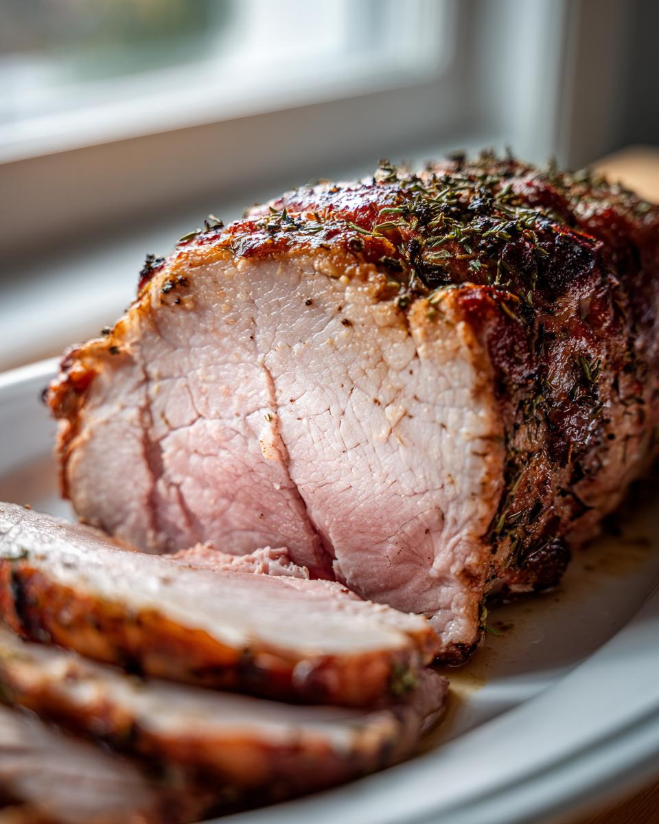 Close-up of a perfectly cooked, juicy pork loin roast sliced, showing a pink center and herb crust.
