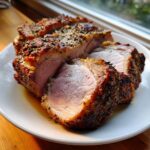 Close-up of a perfectly cooked, juicy pork loin roast, sliced to show the pink interior and herb crust.