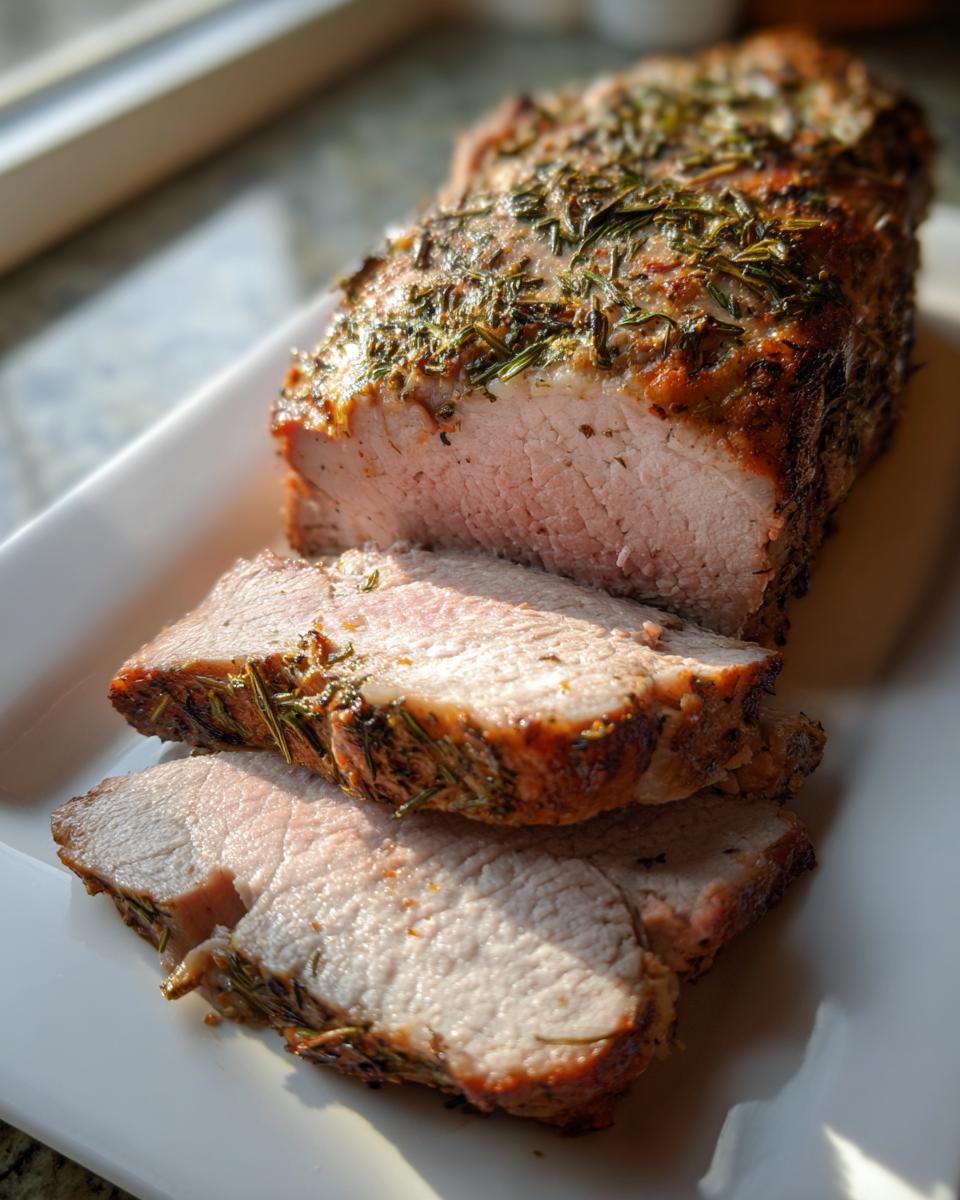 Close-up of a juicy pork loin roast, sliced and topped with visible rosemary and herbs.