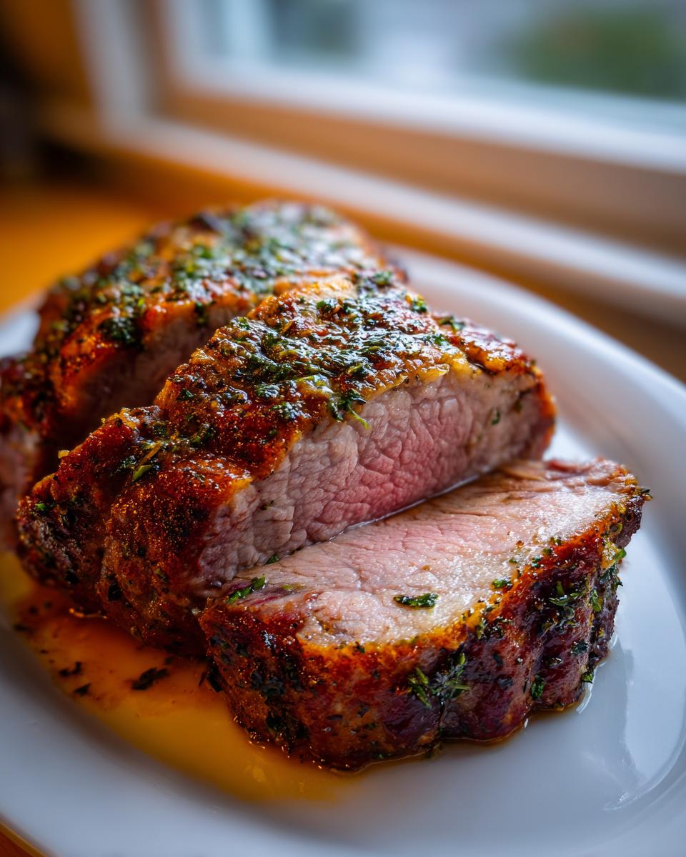Close-up of perfectly cooked pork loin roast, sliced to show juicy pink center and herb crust.