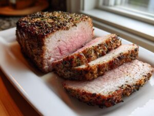 Close-up of a perfectly cooked pork loin roast, sliced to show pink center and herb crust.