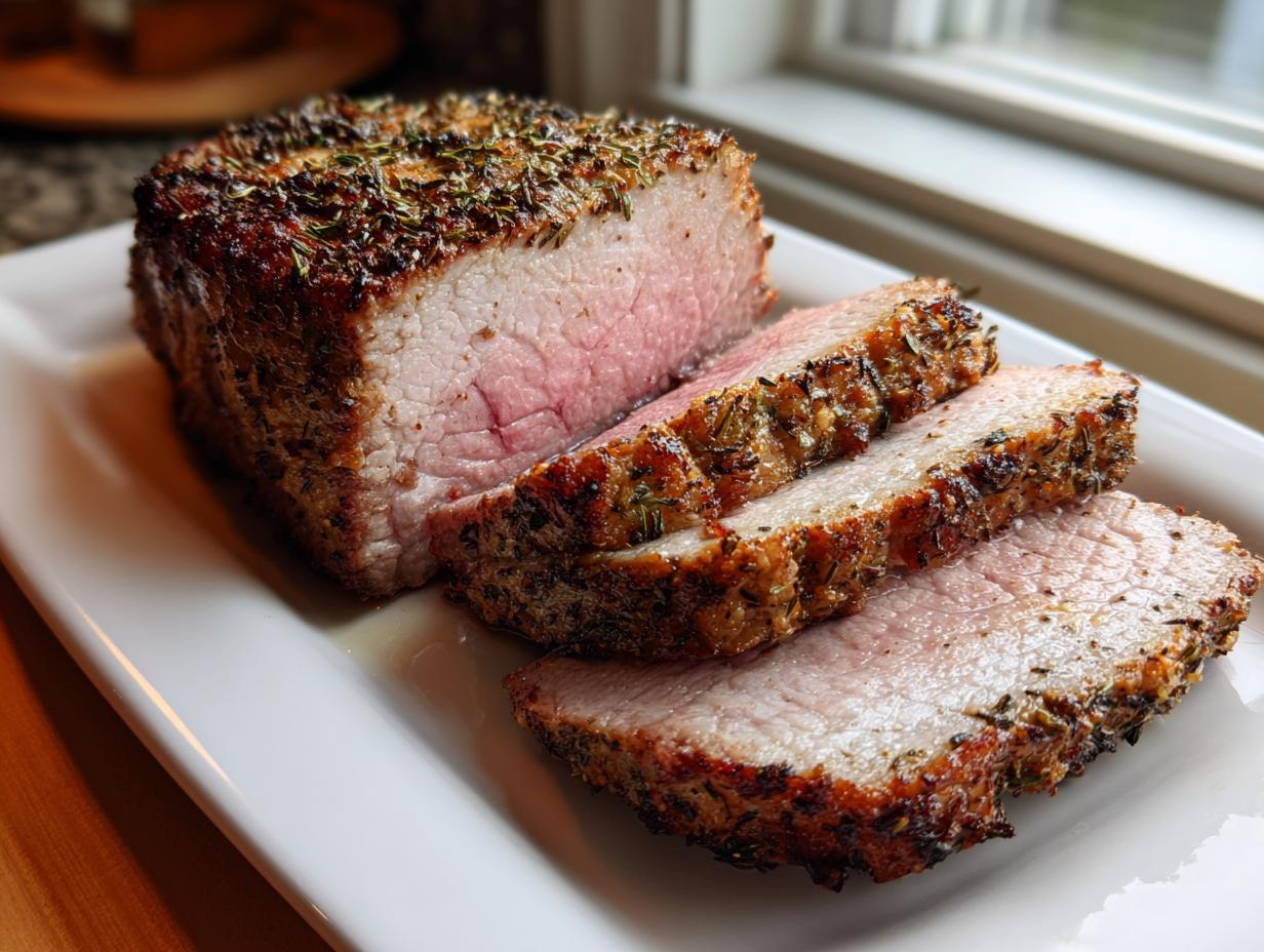 Close-up of a perfectly cooked pork loin roast, sliced to show pink center and herb crust.