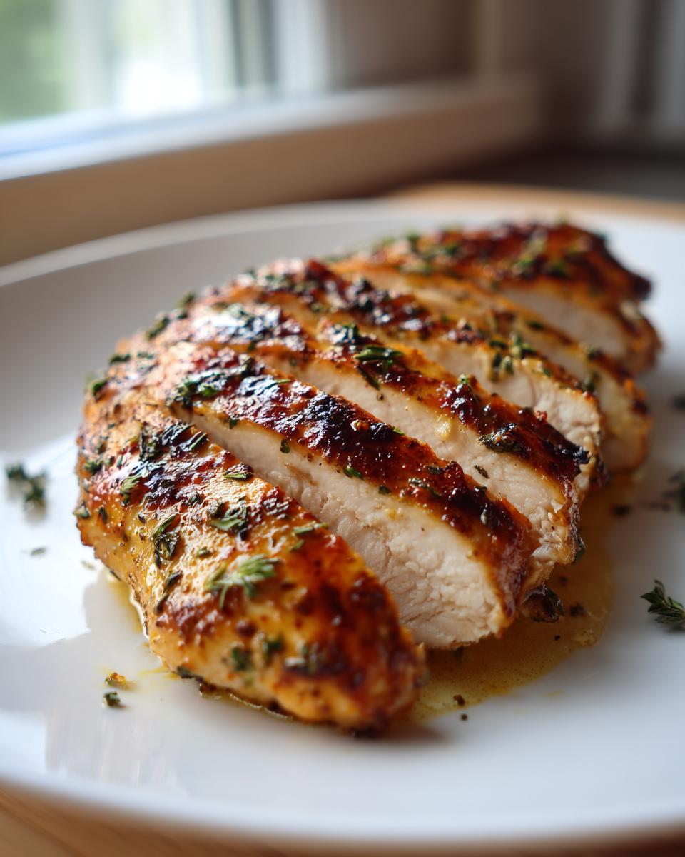 Close-up of sliced, juicy greek chicken breast with a caramelized glaze and fresh herbs on a white plate.