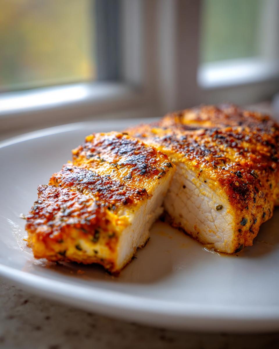 Close-up of sliced, juicy greek chicken breast showing a perfectly cooked white interior and heavily seasoned, browned exterior.