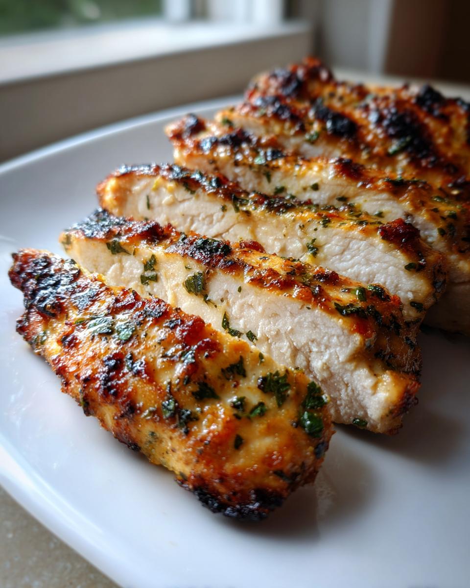 Close-up of perfectly cooked, sliced greek chicken breast showing juicy white meat and charred, herbed exterior.