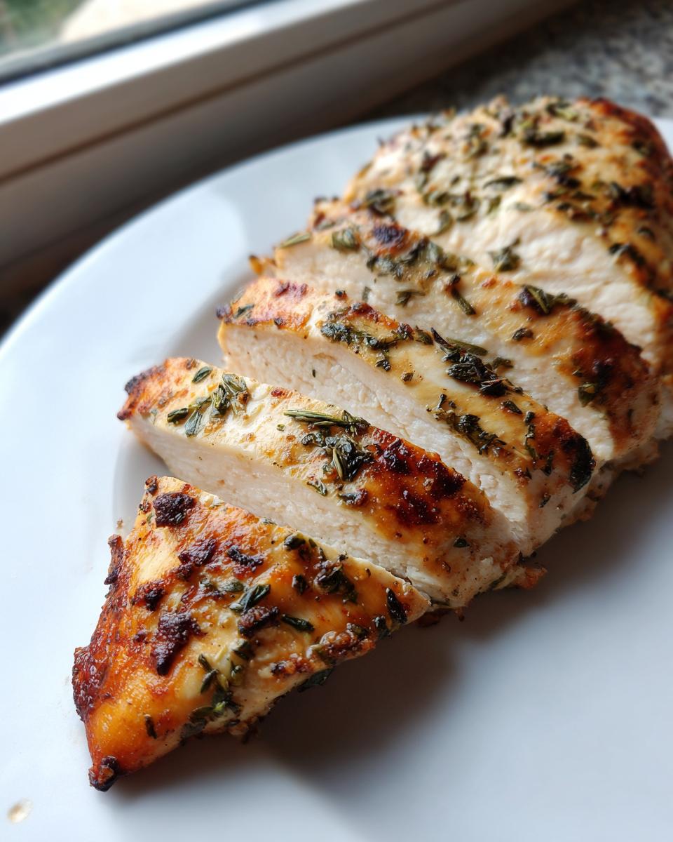 Close-up of juicy, sliced greek chicken breast seasoned with visible herbs on a white plate.