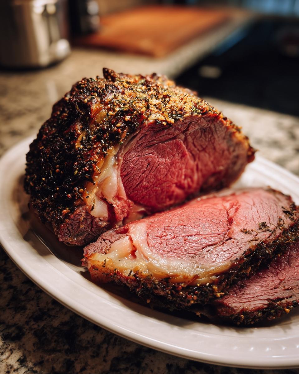 Close-up of a juicy standing rib roast, perfectly medium-rare, with a thick, dark herb crust.