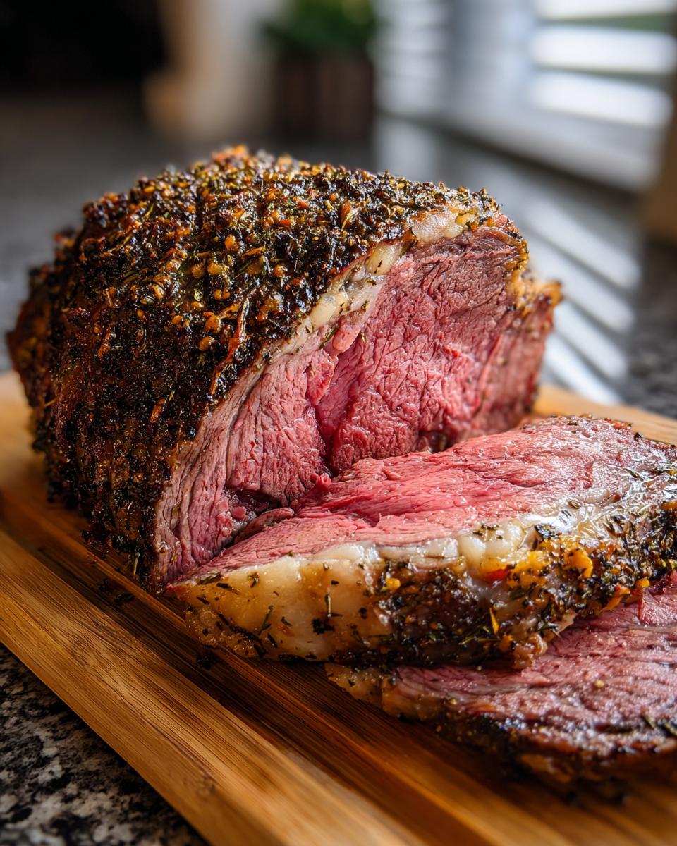 A juicy standing rib roast, sliced to reveal a perfect medium-rare center and thick herb crust.