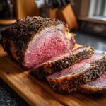 A juicy standing rib roast, perfectly cooked medium-rare, sliced on a wooden cutting board with an herb crust.