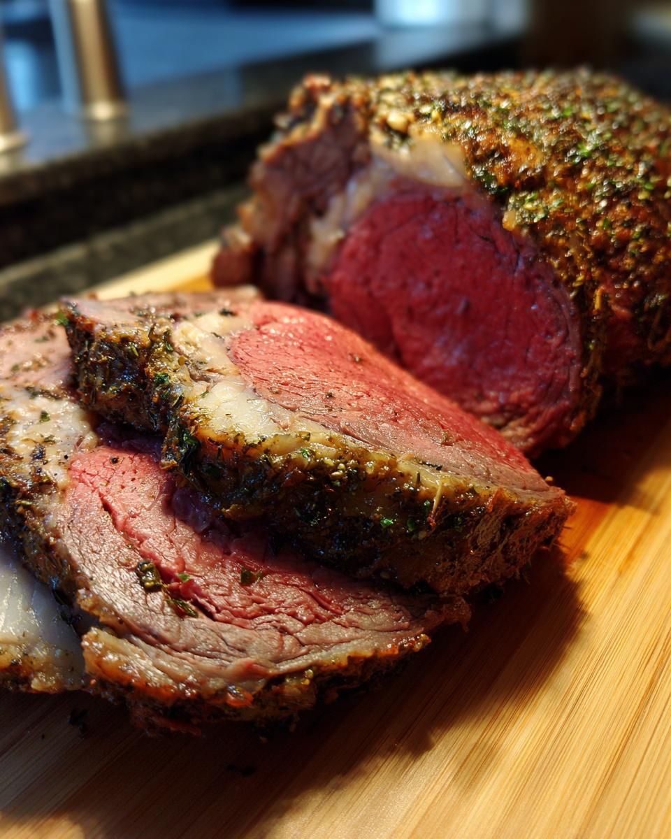Close-up of a juicy standing rib roast, perfectly cooked medium-rare, with herb crust, resting on a cutting board.