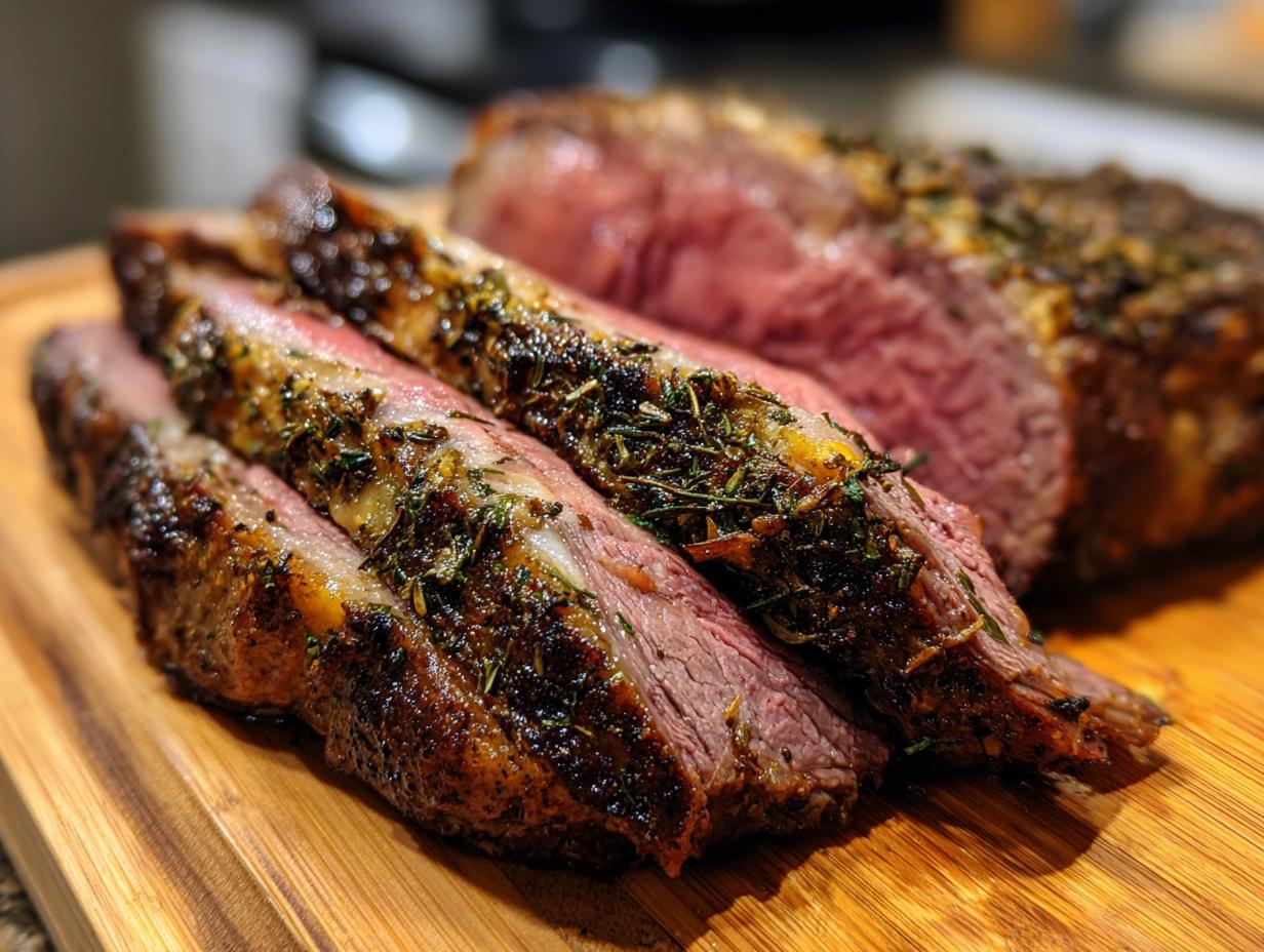 Close-up of a juicy standing rib roast, sliced to reveal a medium-rare center and herb crust.