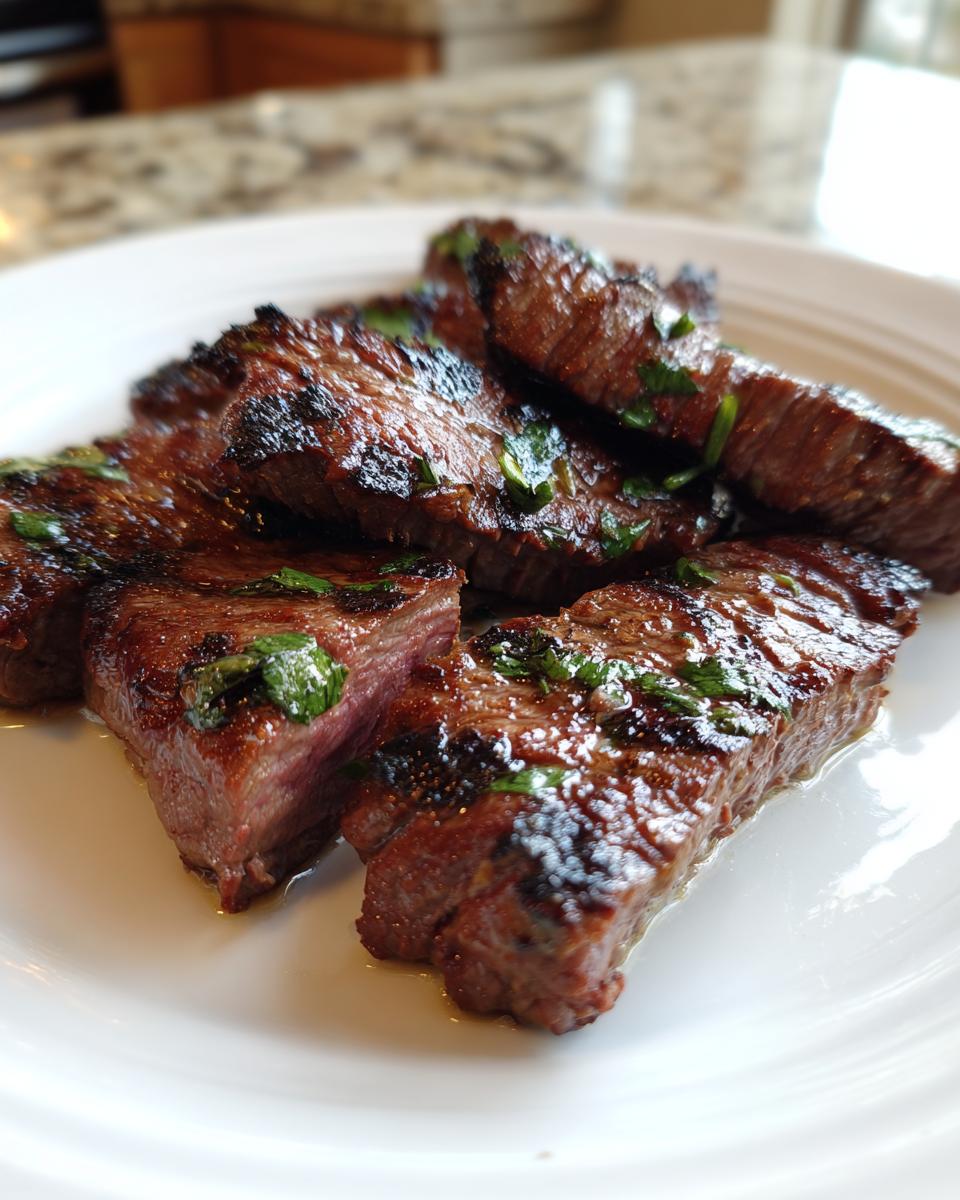 Close-up of perfectly grilled and sliced steak pieces showing a medium-rare interior, seasoned with herbs, prepared with carne asada marinade.