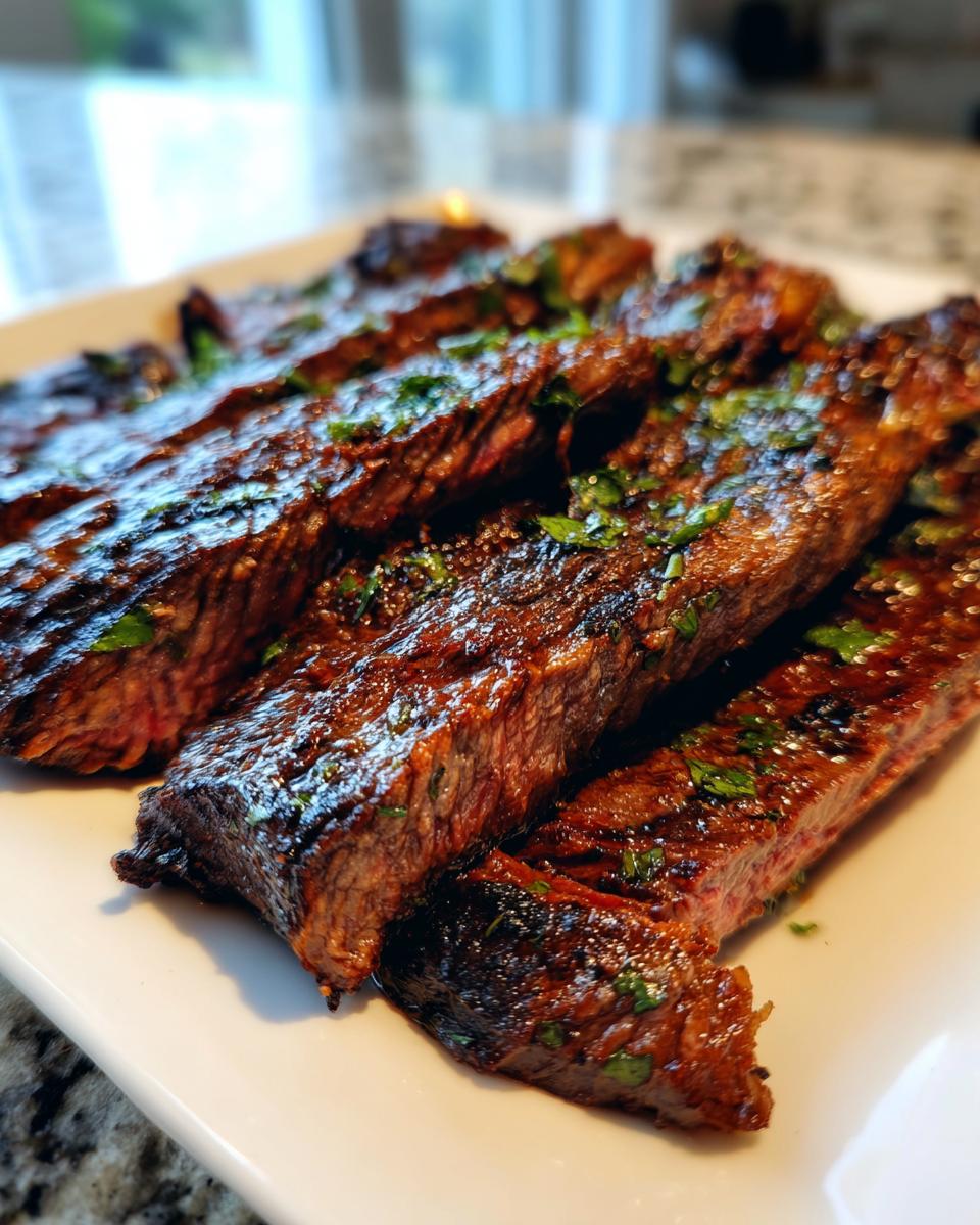 Close-up of sliced, grilled steak showing a medium-rare interior, coated in a rich glaze from the carne asada marinade.