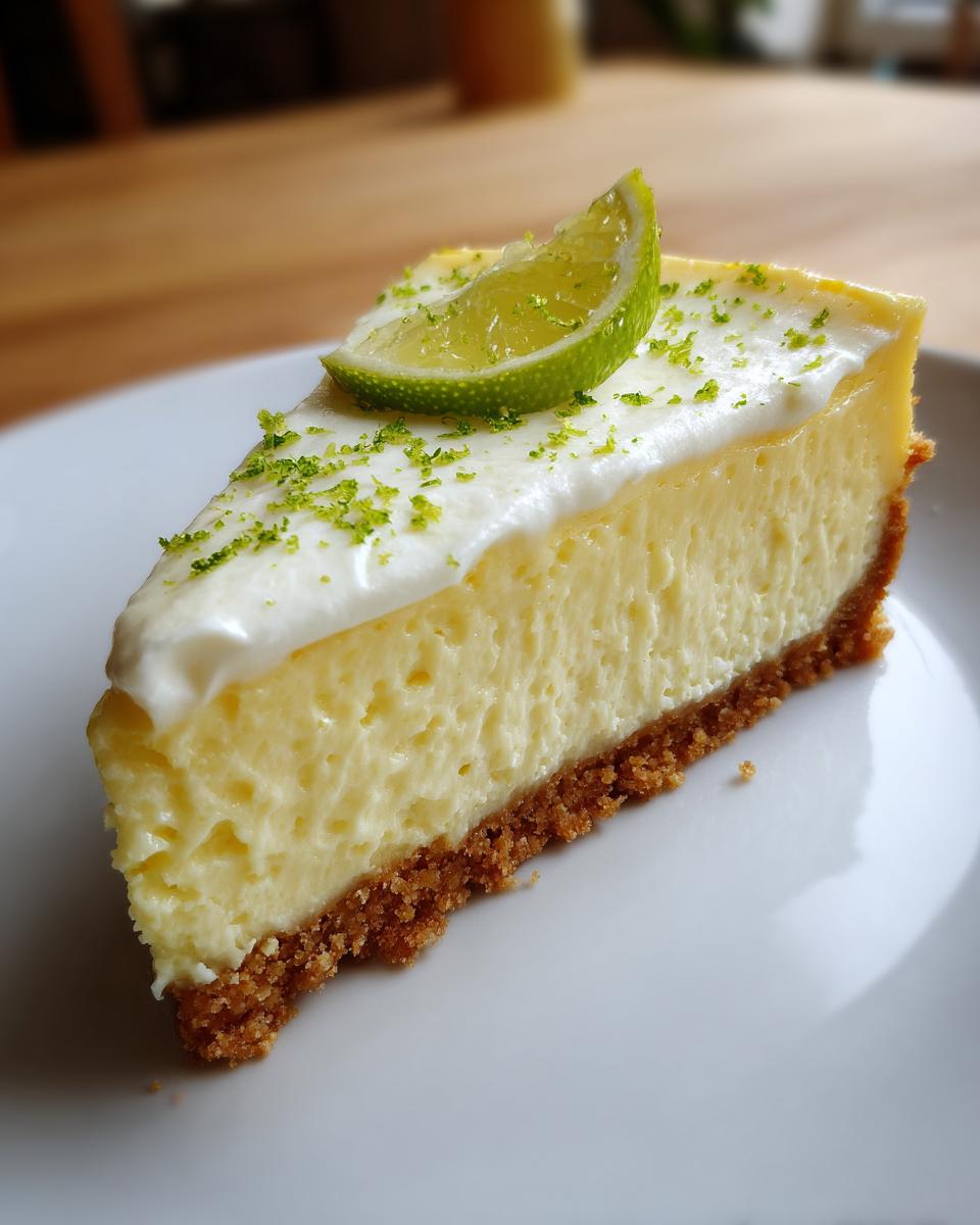 A perfect slice of creamy key lime cheesecake with a graham cracker crust, topped with whipped cream and fresh lime zest.