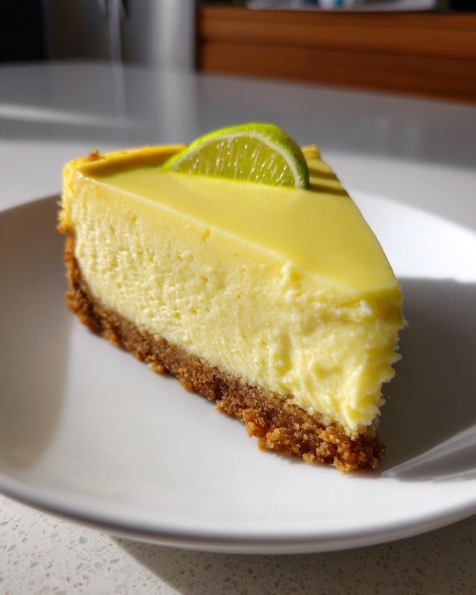 A perfect slice of creamy key lime cheesecake with a graham cracker crust, topped with a fresh lime slice.