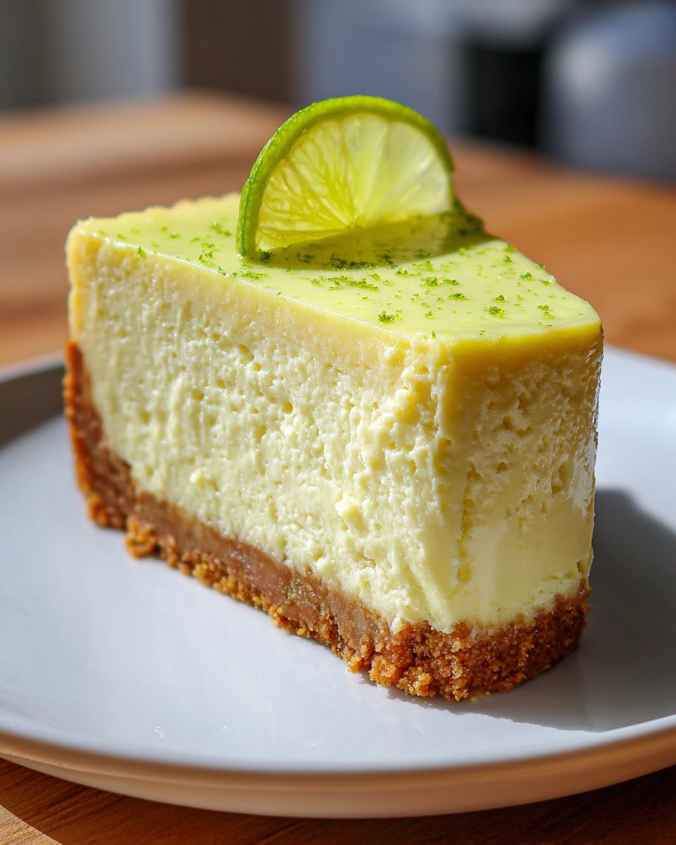 A tall, creamy slice of key lime cheesecake sits on a white plate, topped with a lime slice.