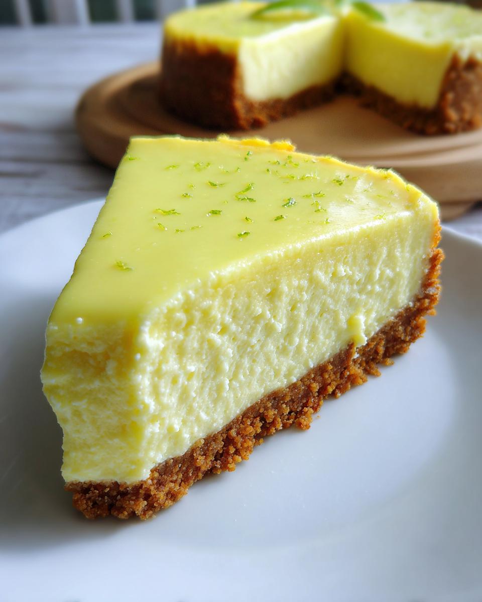 A close-up slice of creamy key lime cheesecake with a graham cracker crust, topped with lime zest.