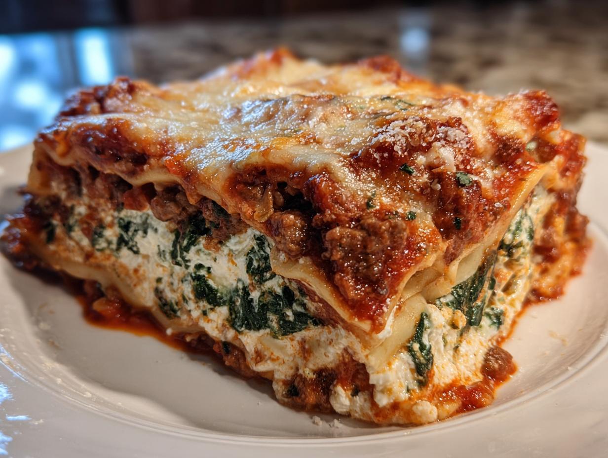 A thick, layered slice of Lasagna with Cottage Cheese, meat sauce, and spinach, topped with melted cheese.
