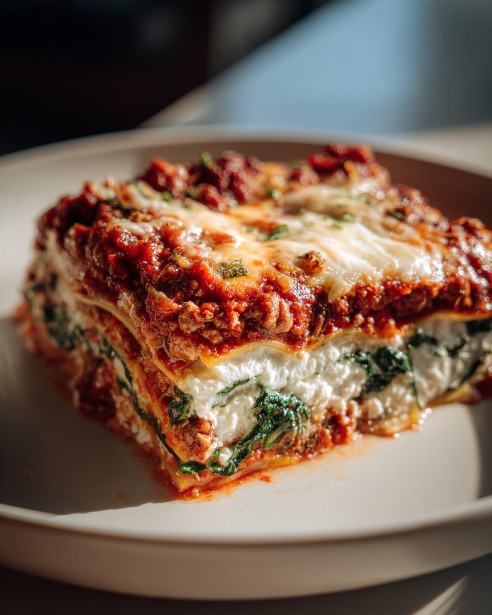 Close-up of a layered slice of Lasagna with Cottage Cheese, rich meat sauce, and melted cheese topping.
