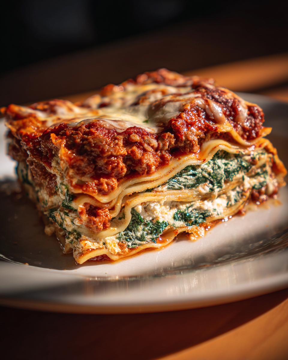 Close-up of a layered slice of Lasagna with Cottage Cheese, showing rich meat sauce and spinach filling.
