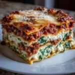 A thick, layered slice of lasagna with cottage cheese, spinach, and meat sauce, sprinkled with Parmesan.