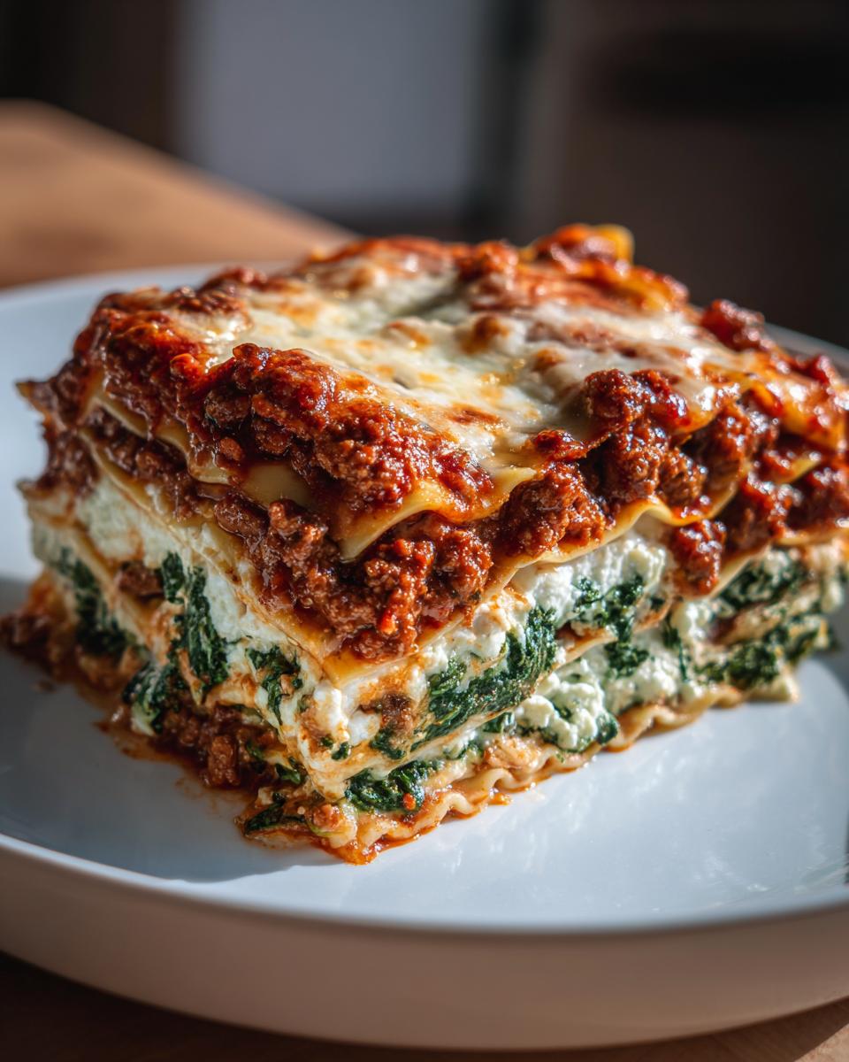 A thick, layered slice of Lasagna with Cottage Cheese, featuring meat sauce, melted cheese, and spinach filling.