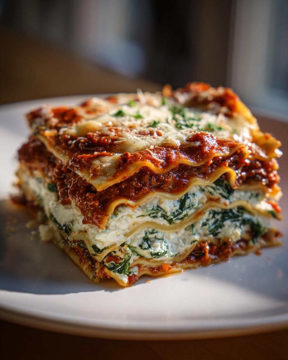 A thick, layered slice of lasagna with cottage cheese, spinach, and rich tomato sauce, ready to eat.
