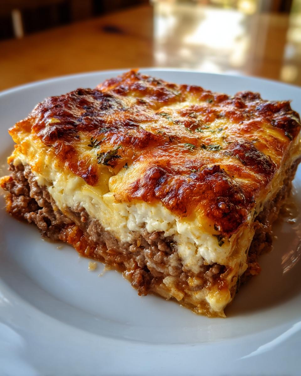 A thick, layered slice of Dorito Casserole featuring ground meat and a bubbly, browned cheese topping.