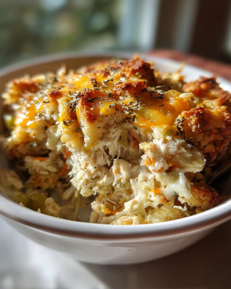 Close-up of a warm serving of leftover turkey casserole in a white bowl, topped with melted cheese and herbs.