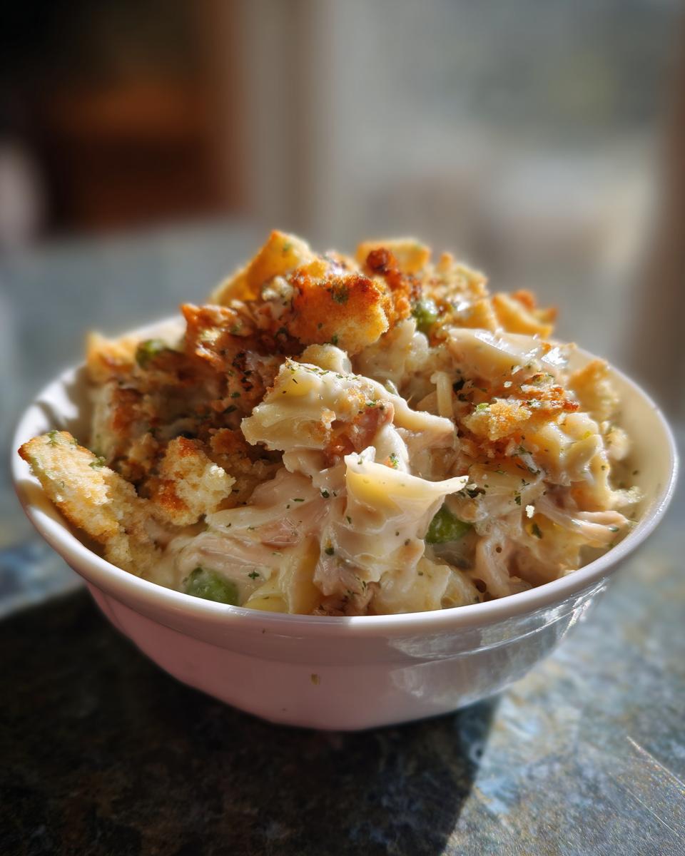 A white bowl filled with creamy leftover turkey casserole topped generously with crispy stuffing croutons.
