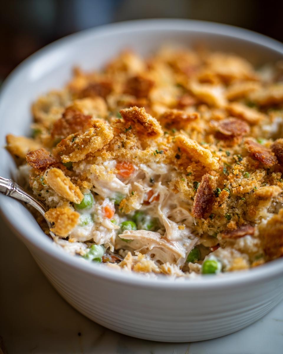 Close-up of creamy leftover turkey casserole with peas, carrots, and a golden, crunchy breadcrumb topping.