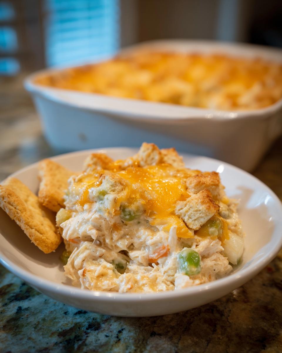 A serving of creamy leftover turkey casserole topped with melted cheddar cheese and croutons, served with crackers.