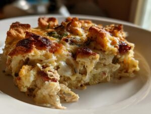 Close-up of a square serving of creamy leftover turkey casserole with a golden, crispy bread topping.
