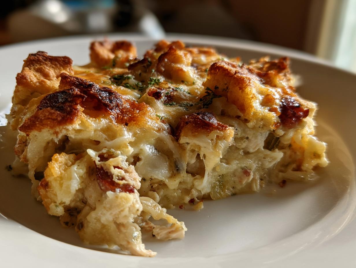 Close-up of a square serving of creamy leftover turkey casserole with a golden, crispy bread topping.