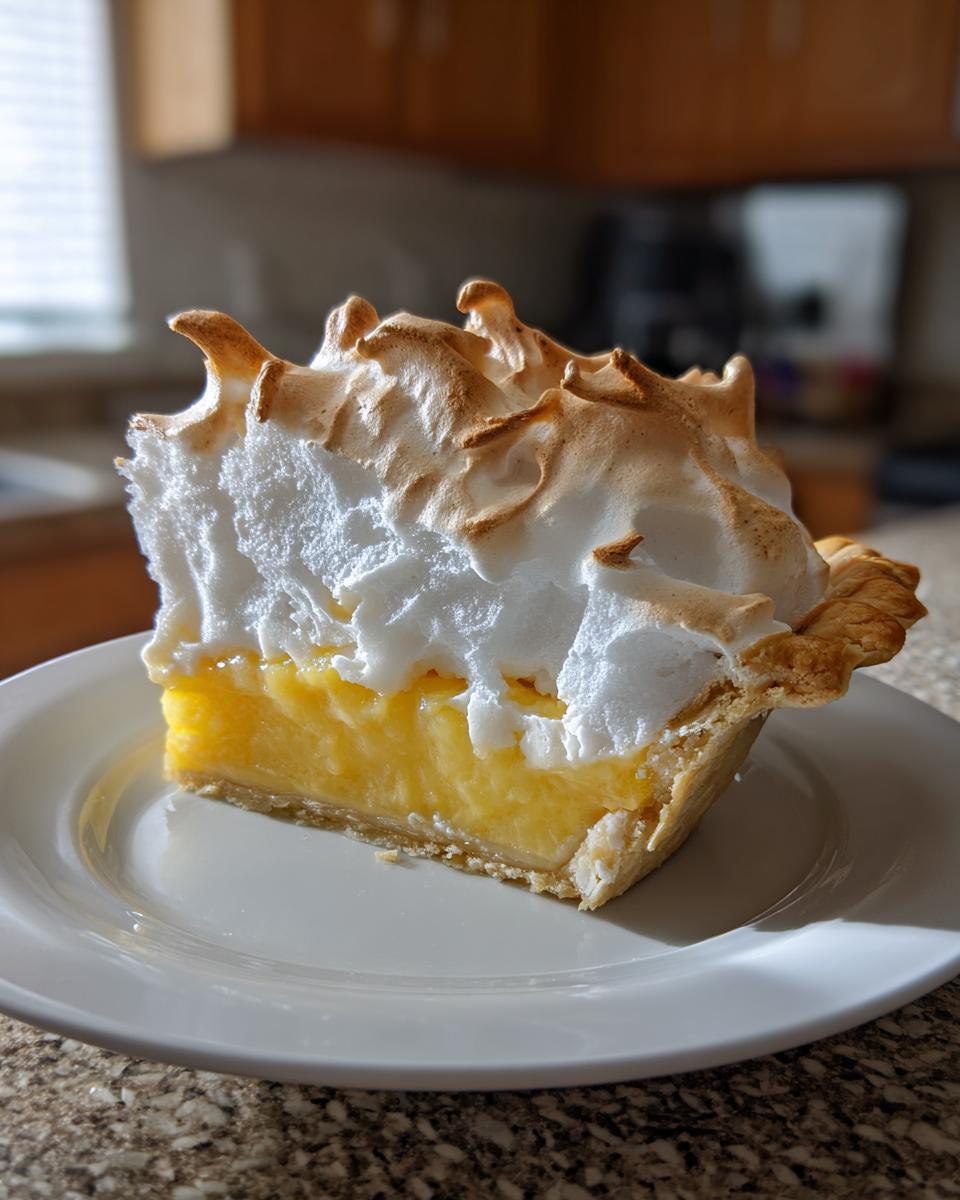 A tall slice of lemon meringue pie showing bright yellow filling and perfectly toasted meringue peaks.
