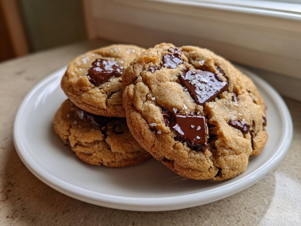 Three thick, chewy chocolate chip cookies stacked on a white plate, topped with flaky sea salt.