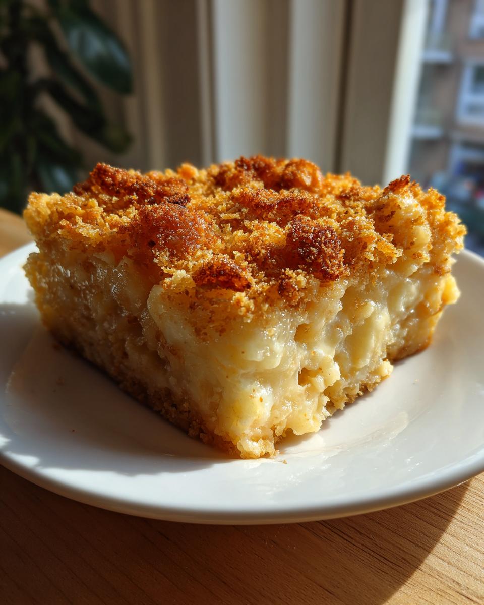 A square slice of creamy, baked hashbrown casserole with a golden, crunchy topping on a white plate.