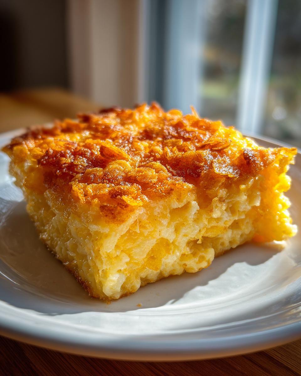 A close-up, sunlit slice of creamy hashbrown casserole with a crispy, golden-brown topping.