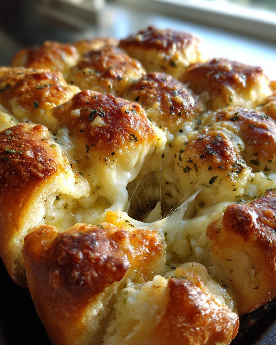 Close-up of freshly baked cheese bread rolls showing a dramatic cheese pull between the golden-brown, herb-topped pieces.