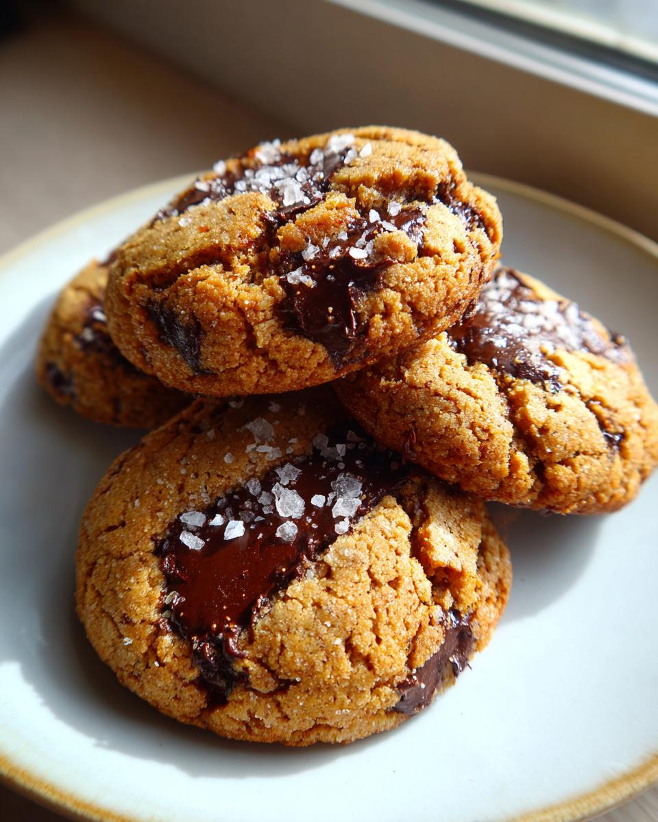 Close-up of warm, thick chocolate chip cookies topped with flaky sea salt, featuring gooey melted chocolate.