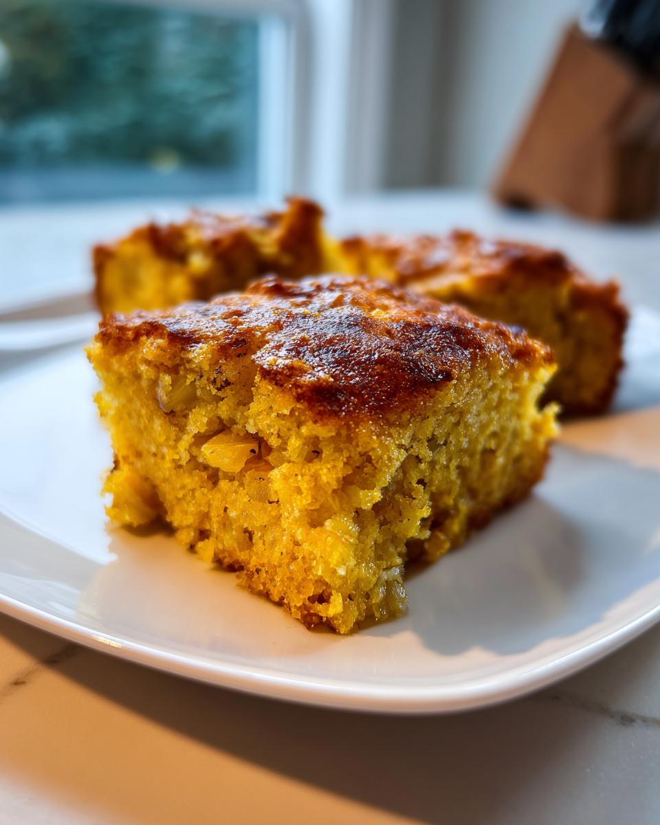 Close-up of a square slice of moist, golden Cornbread dressing on a white plate.