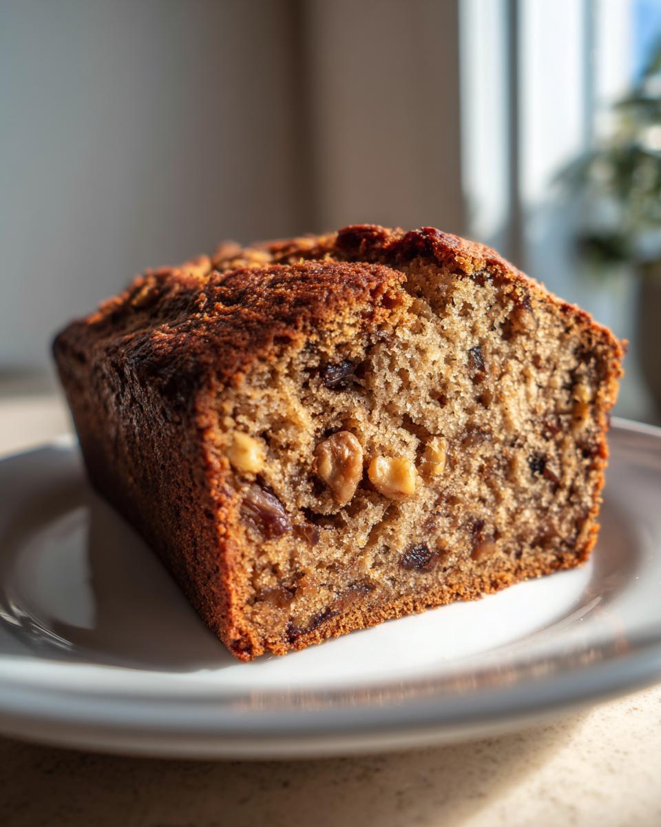 Close-up of a moist slice of date nut bread showing visible walnuts and raisins baked inside.