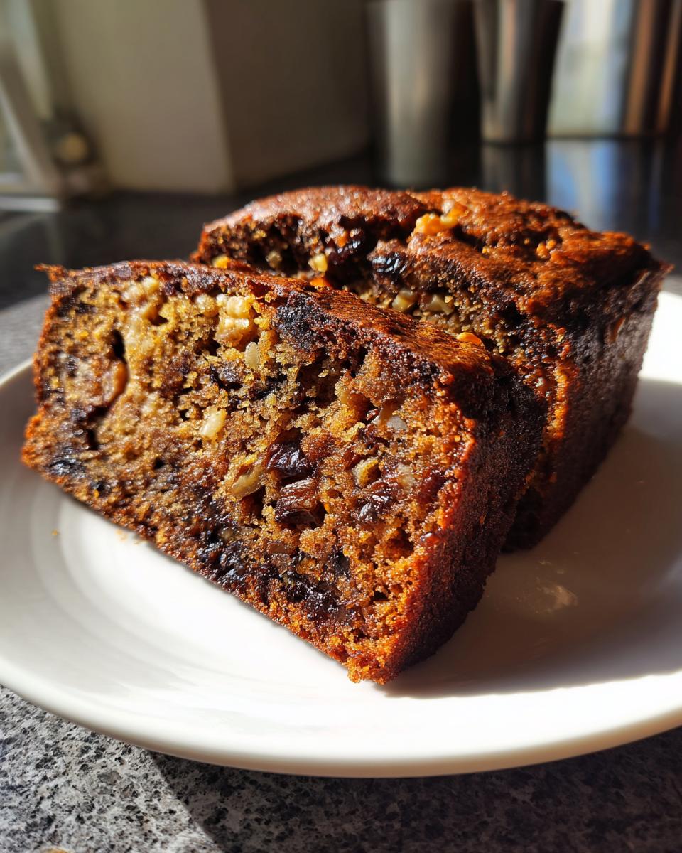Two thick slices of moist date nut bread, rich in dates and walnuts, served on a white plate.
