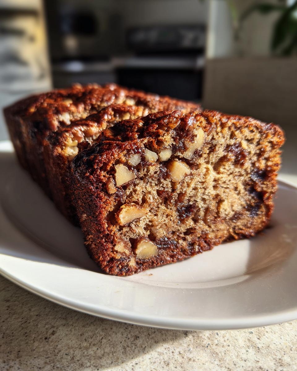 Close-up of moist date nut bread slices showing visible chunks of dates and walnuts.