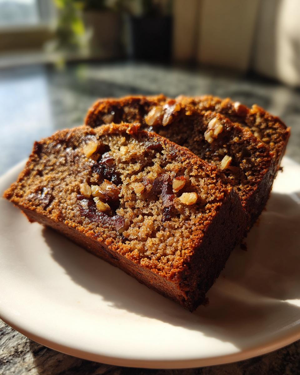 Two thick slices of moist date nut bread, studded with dates and walnuts, sitting on a white plate.