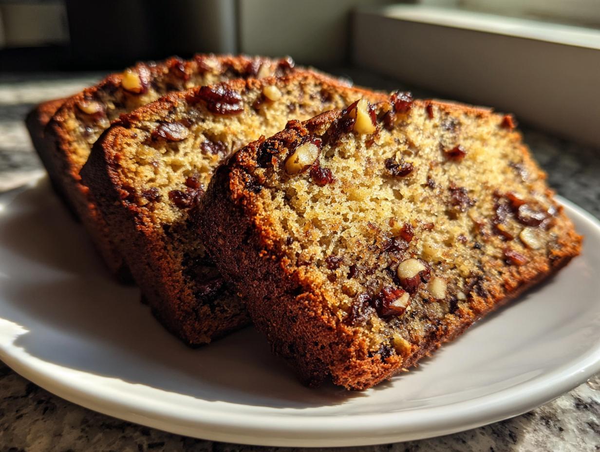 Three thick slices of moist date nut bread, studded with dates and pecans, resting on a white plate.