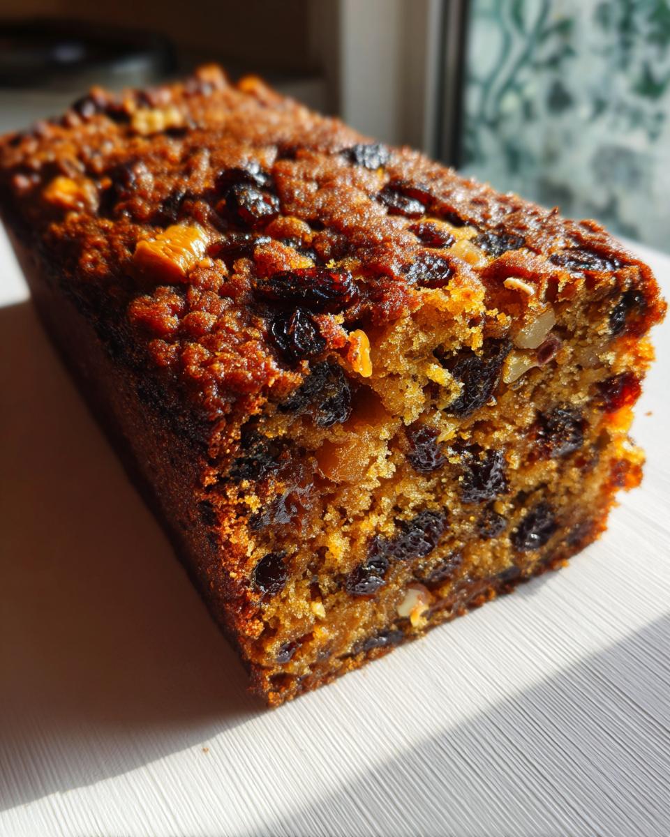 A close-up, sunlit view of a rich, dark fruit cake loaf packed with raisins and nuts, highlighting its moist texture.
