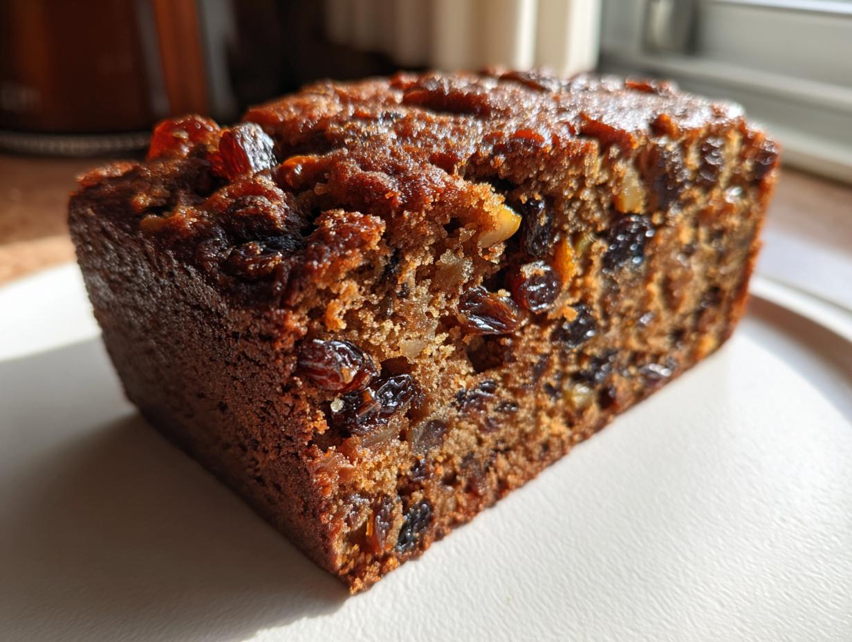 Close-up of a moist slice of dark fruit cake packed with raisins and nuts, sitting on a light plate.